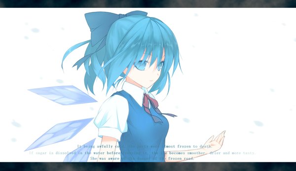 Anime picture 2100x1211 with touhou cirno denpaken pochi single looking at viewer highres short hair blue eyes wide image white background blue hair girl dress bow hair bow wings ice