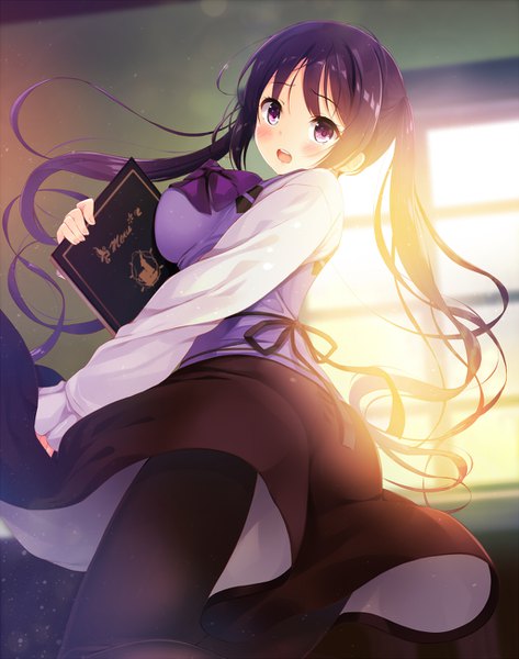 Anime picture 1026x1300 with gochuumon wa usagi desu ka? white fox tedeza rize komone ushio single long hair tall image looking at viewer blush fringe breasts open mouth purple eyes twintails holding purple hair indoors head tilt from below girl