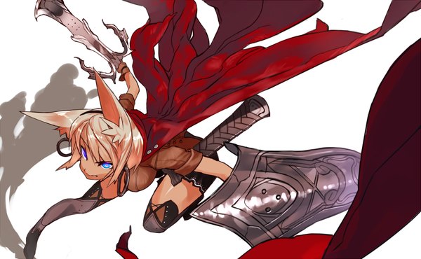 Anime picture 1000x618 with original toridamono single short hair breasts blue eyes simple background blonde hair wide image large breasts white background animal ears bent knee (knees) leaning leaning forward fox ears leg lift (legs lift) angry girl weapon