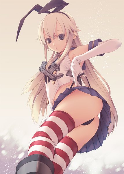 Anime picture 715x1000 with kantai collection shimakaze destroyer kirishima satoshi single long hair tall image looking at viewer light erotic ass white hair black eyes girl thighhighs skirt gloves underwear panties bow hair bow miniskirt