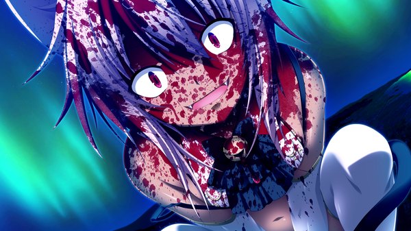 Anime picture 2560x1440 with gensou no idea tagme (character) makita maki looking at viewer highres short hair open mouth wide image purple eyes bare shoulders game cg purple hair spread legs between legs crazy smile guro crazy eyes thighhighs gloves navel