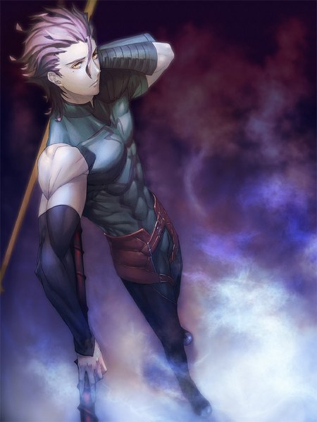 Anime picture 750x1000 with fate (series) fate/zero type-moon diarmuid ua duibhne (lancer) (fate) kitunen (artist) single tall image looking at viewer fringe short hair simple background hair between eyes brown hair standing holding brown eyes from above mole mole under eye muscle