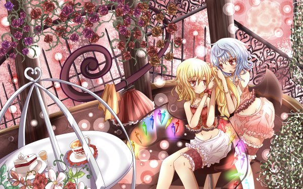 Anime picture 1200x749 with touhou flandre scarlet remilia scarlet haru ion short hair blonde hair red eyes wide image multiple girls blue hair bat wings girl navel flower (flowers) 2 girls wings sweets cup cake