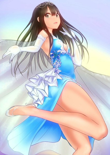 Anime picture 1024x1446 with idolmaster idolmaster cinderella girls shibuya rin q (ed69) single long hair tall image looking at viewer blush open mouth brown hair bare shoulders green eyes cleavage looking back barefoot legs turning head legs up girl