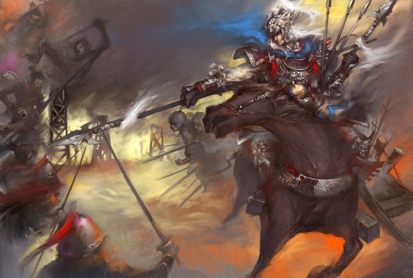 Anime picture 1800x1213 with the three countries chang (artist) highres battle riding gloves weapon animal armor helmet spear arrow (arrows) horse crowd