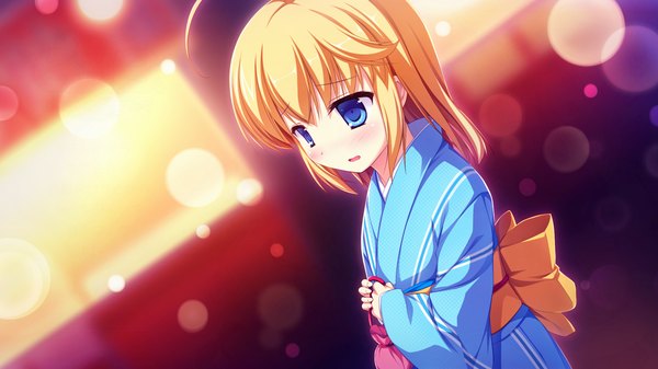 Anime picture 1280x720 with g.i.b. girls in black otonashi sorami tenmaso single blush short hair open mouth blue eyes blonde hair wide image game cg traditional clothes japanese clothes girl kimono