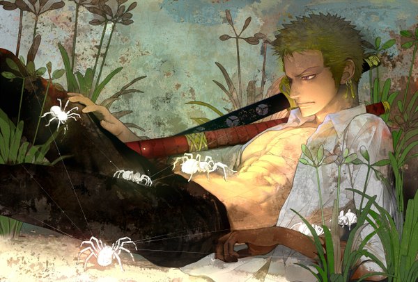 Anime picture 1280x868 with one piece toei animation roronoa zoro vovo single short hair red eyes holding lying green hair lips open clothes on back open shirt scar muscle dual wielding glow boy weapon