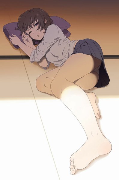 Anime picture 550x831 with original mattaku mousuke single tall image looking at viewer fringe short hair light erotic purple eyes bent knee (knees) indoors lying parted lips pleated skirt one eye closed barefoot sunlight shadow pantyshot on side