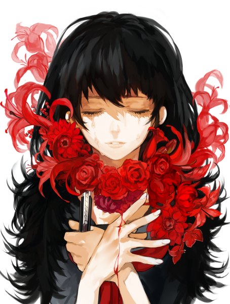 Anime picture 1250x1650 with original tcb (pixiv) single long hair tall image black hair simple background white background eyes closed light smile tears girl flower (flowers) rose (roses) blood knife boxcutter