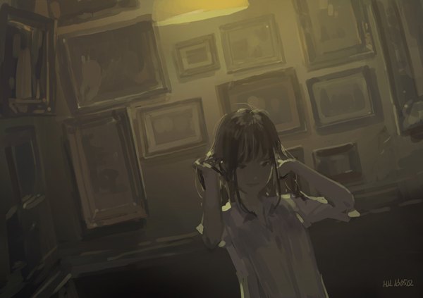Anime picture 842x595 with original hjl single long hair fringe brown hair brown eyes signed payot upper body indoors blunt bangs head tilt light smile arms up shadow short sleeves adjusting hair dated looking down