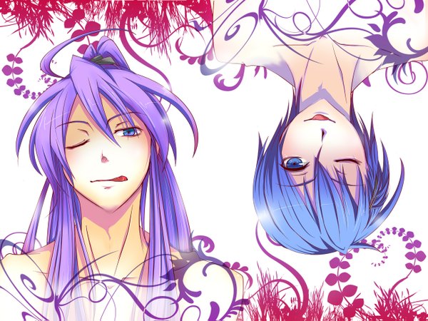 Anime picture 1300x975 with vocaloid kaito (vocaloid) kamui gakupo haru aki long hair looking at viewer fringe short hair blue eyes hair between eyes blue hair purple hair ponytail one eye closed wink multiple boys boy tongue 2 boys