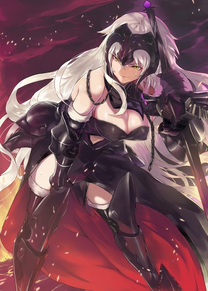 Anime picture 800x1119 with fate (series) fate/grand order jeanne d'arc (fate) (all) jeanne d'arc alter (fate) jeanne d'arc alter (avenger) (third ascension) (fate) ohland single long hair tall image fringe breasts light erotic hair between eyes large breasts standing holding yellow eyes looking away cleavage silver hair