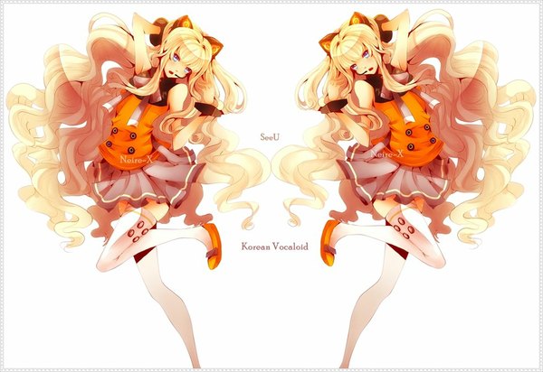 Anime picture 1079x741 with vocaloid seeu long hair blue eyes simple background blonde hair white background animal ears inscription girl thighhighs skirt miniskirt white thighhighs bracelet