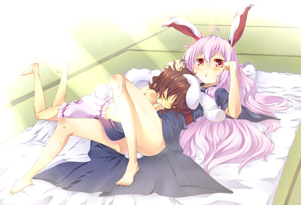 Anime picture 2300x1570 with touhou reisen udongein inaba inaba tewi ichi makoto long hair blush highres short hair light erotic red eyes brown hair multiple girls animal ears purple hair barefoot sunlight bunny ears bunny girl sleeping girl