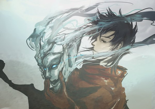 Anime picture 1606x1130 with ergo proxy vincent law hisa (pixiv344859) single short hair blue eyes black hair profile wind black eyes glowing glowing eye (eyes) boy gloves choker mask