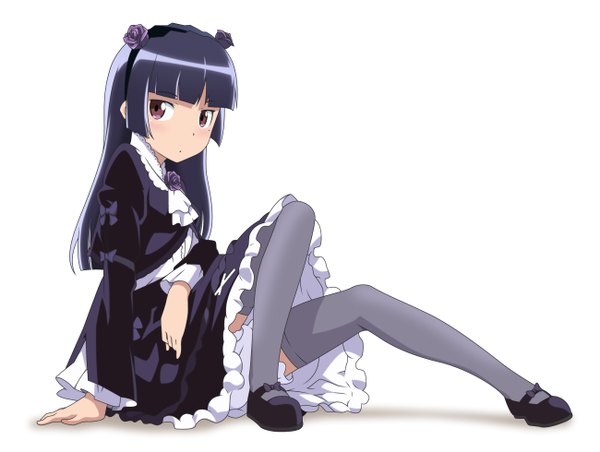 Anime picture 1300x980 with ore no imouto ga konna ni kawaii wake ga nai gokou ruri smile (rz) single long hair black hair simple background red eyes white background loli legs lolita fashion goth-loli girl thighhighs dress black thighhighs shoes hairband