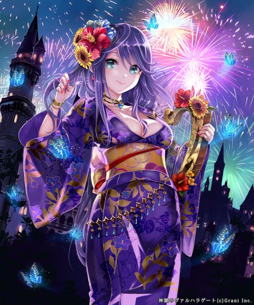 Anime picture 1000x1200 with shingoku no valhalla gate pisuke single long hair tall image looking at viewer breasts blue eyes light erotic purple hair traditional clothes japanese clothes hair flower fireworks girl hair ornament flower (flowers) kimono insect butterfly