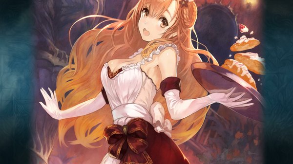 Anime picture 1920x1080 with yoru no nai kuni gust (company) lyuritis (yoru no nai kuni) yoshiku (oden-usagi) single long hair looking at viewer blush fringe highres breasts open mouth wide image large breasts brown eyes cleavage indoors head tilt looking back hair flower