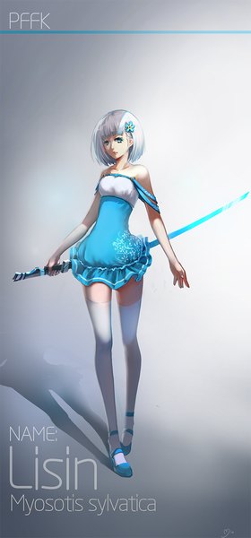 Anime picture 700x1499 with original pixiv fantasia pixiv fantasia t minhoo single tall image fringe short hair blue eyes simple background standing bare shoulders holding silver hair hair flower grey background floral print glowing weapon girl thighhighs