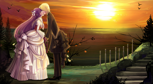 Anime picture 1655x908 with original jinkimania (artist) long hair short hair blonde hair wide image purple hair cloud (clouds) eyes closed holding hands evening sunset landscape kiss girl dress boy bow plant (plants) animal