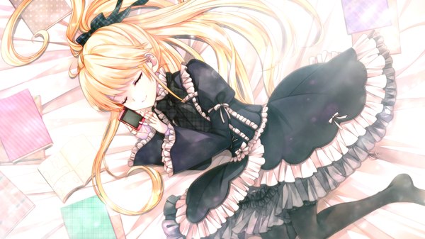 Anime picture 2048x1152 with negai no kakera to hakugin no agreement jessica francoise magritte manyako (mohumohu) single long hair highres blonde hair wide image game cg eyes closed lolita fashion girl dress bow hair bow book (books) phone