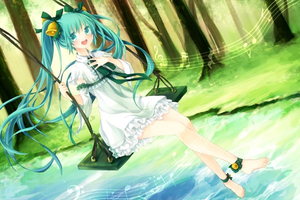 Anime picture 1500x1000 with vocaloid hatsune miku fujishiki aiko single looking at viewer blush open mouth twintails very long hair barefoot aqua eyes aqua hair river girl dress ribbon (ribbons) plant (plants) hair ribbon detached sleeves tree (trees)