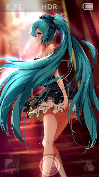 Anime picture 1080x1920 with vocaloid hatsune miku xiao ren single tall image looking at viewer blush fringe blue eyes twintails bare shoulders bent knee (knees) very long hair looking back aqua hair alternate costume legs sleeveless girl dress