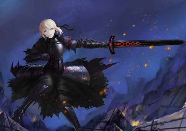 Anime picture 2000x1414 with fate (series) fate/stay night studio deen type-moon artoria pendragon (all) saber saber alter single fringe highres short hair open mouth blonde hair holding green eyes night pale skin girl dress gloves