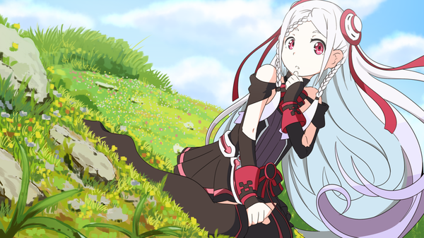 Anime picture 1280x720 with sword art online sword art online the movie: ordinal scale a-1 pictures yuna (sao) servachok single long hair looking at viewer red eyes wide image sitting sky silver hair cloud (clouds) braid (braids) parted lips pleated skirt wind :o dutch angle