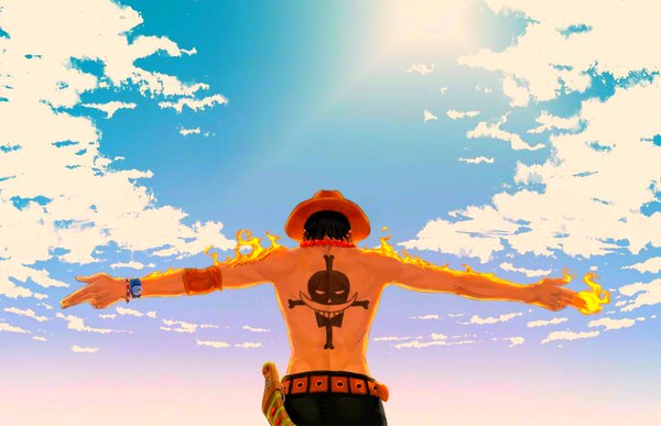 Anime picture 1600x1034 with one piece toei animation portgas d. ace kyuugou (ninekoks) single short hair black hair bare shoulders sky cloud (clouds) tattoo back spread arms boy weapon hat bracelet fire