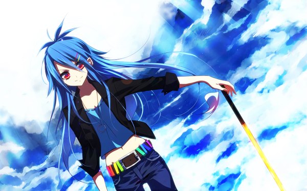 Anime picture 1535x958 with touhou hinanawi tenshi suisen single long hair smile red eyes wide image blue hair sky cloud (clouds) open clothes open jacket alternate costume girl hair ornament sword choker jacket belt