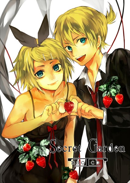 Anime picture 750x1053 with vocaloid kagamine rin kagamine len tcb (pixiv) tall image short hair open mouth blue eyes smile holding ponytail light smile alternate costume twins brother and sister girl dress boy hair ornament bow