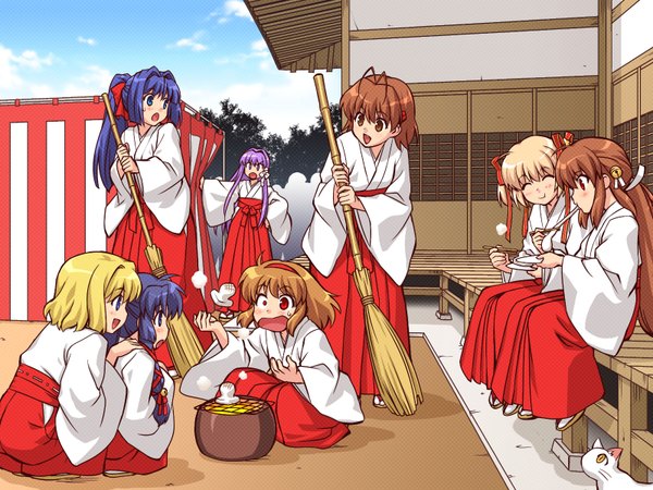 Anime picture 1600x1200 with clannad little busters! air kanon key (studio) kamio misuzu furukawa nagisa fujibayashi kyou natsume rin tsukimiya ayu minase nayuki kamikita komari kannabi no mikoto zen (kamuro) wallpaper miko girl