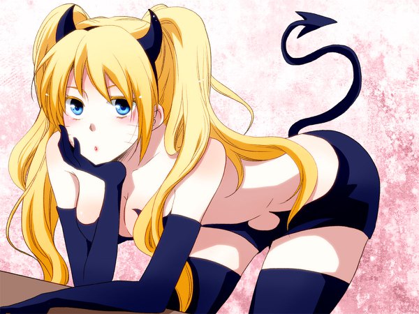 Anime picture 1200x900 with naruto studio pierrot naruto (series) uzumaki naruto naruko moriko (spica) single long hair looking at viewer blue eyes light erotic blonde hair twintails payot tail horn (horns) arm support :o leaning leaning forward