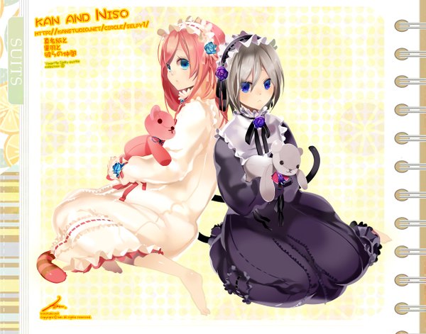 Anime picture 1280x1006 with original kaninnvven long hair looking at viewer short hair blue eyes sitting multiple girls pink hair barefoot grey hair inscription cat tail couple polka dot polka dot background girl dress hair ornament ribbon (ribbons)