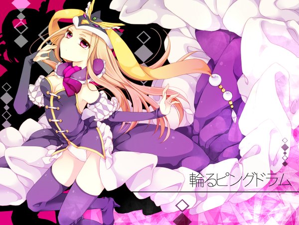 Anime picture 1424x1074 with mawaru penguindrum takakura himari princess of the crystal kentaurosu single long hair brown hair bare shoulders pink eyes girl thighhighs dress gloves black thighhighs detached sleeves elbow gloves fingerless gloves thigh boots cap corset