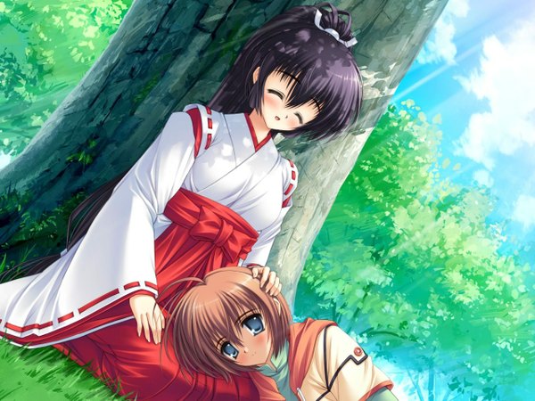 Anime picture 1280x960 with blush black hair outdoors eyes closed japanese clothes miko lap pillow plant (plants) tree (trees)