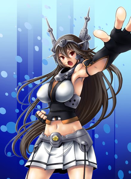 Anime picture 965x1315 with kantai collection nagato battleship mana12 single long hair tall image breasts open mouth light erotic black hair red eyes large breasts bare belly armpit (armpits) girl
