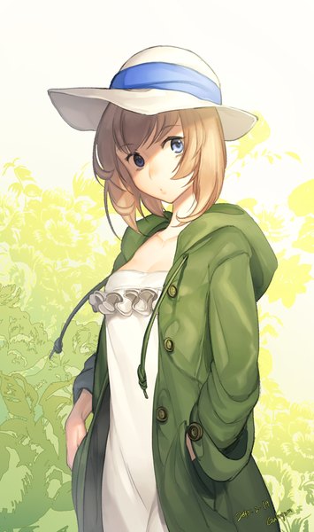 Anime picture 600x1013 with original mt (ringofive) single tall image short hair blue eyes blonde hair looking away open clothes open jacket girl dress hat jacket white dress