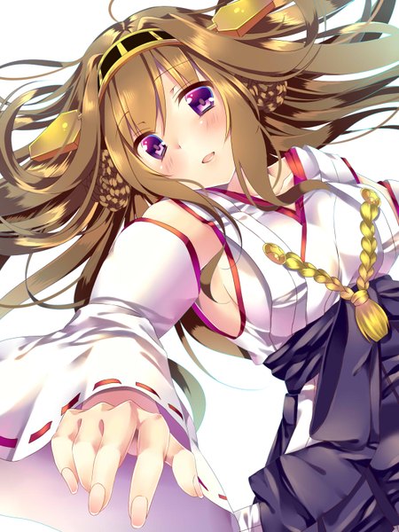 Anime picture 1200x1600 with kantai collection kongou battleship saijou haruki single long hair tall image looking at viewer blush open mouth brown hair white background purple eyes traditional clothes nontraditional miko girl hair ornament detached sleeves