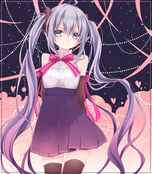 Anime picture 1400x1600 with vocaloid hatsune miku kuroi (liar-player) single long hair tall image blush blue eyes smile twintails purple hair girl thighhighs bow ribbon (ribbons) black thighhighs bowtie