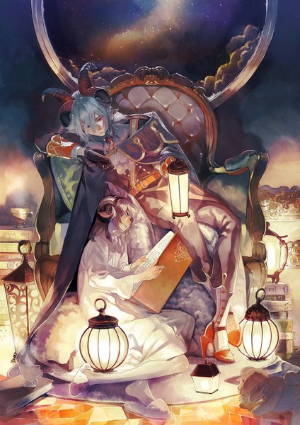 Anime picture 636x900 with original fasna long hair tall image short hair blue eyes blonde hair red eyes sitting blue hair cloud (clouds) horn (horns) pointy ears aqua hair night high heels night sky looking down on side reclining