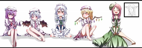 Anime picture 3683x1267 with touhou flandre scarlet remilia scarlet izayoi sakuya patchouli knowledge hong meiling ryouma (galley) long hair blush highres short hair open mouth blonde hair simple background red eyes wide image white background sitting purple eyes multiple girls