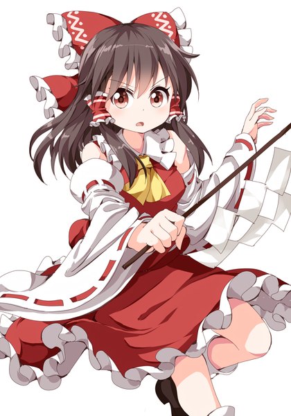 Anime picture 700x1000 with touhou hakurei reimu ruu (tksymkw) single long hair tall image looking at viewer blush fringe open mouth simple background red eyes brown hair white background payot bent knee (knees) traditional clothes japanese clothes nontraditional miko girl