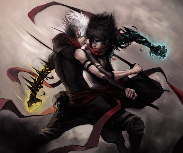 Anime picture 2500x2100 with original ninjatic highres short hair black hair white hair magic glowing glowing eye (eyes) face to face battle weapon sword scarf katana