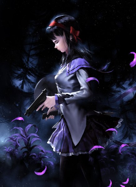 Anime picture 1280x1762 with mahou shoujo madoka magica shaft (studio) akemi homura mad jojo single long hair tall image fringe black hair standing holding eyes closed profile fog girl dress flower (flowers) weapon plant (plants) petals