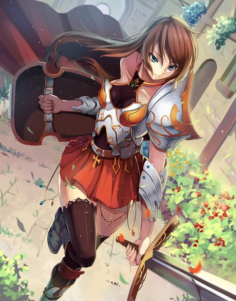 Anime picture 1086x1382 with original crazyodin single long hair tall image blue eyes brown hair girl thighhighs dress skirt flower (flowers) weapon black thighhighs petals sword armor shield