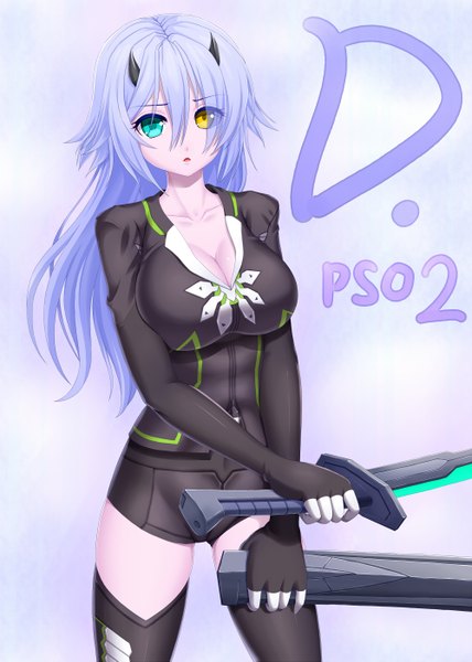 Anime picture 1000x1403 with phantasy star online asamura hiori single long hair tall image looking at viewer breasts light erotic large breasts blue hair horn (horns) heterochromia girl thighhighs weapon black thighhighs sword
