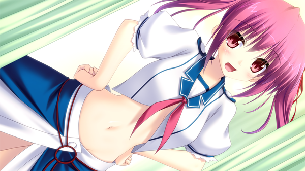 Anime picture 1280x720 with koi doki hasegawa mikoto single long hair looking at viewer blush open mouth red eyes wide image twintails game cg purple hair midriff hands on hips girl navel