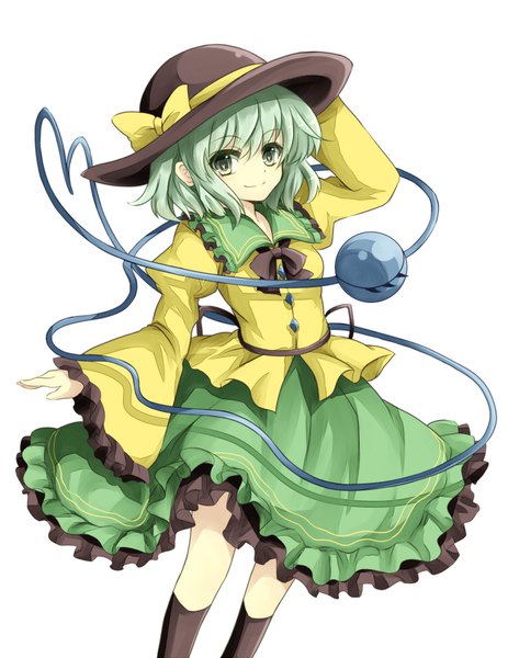 Anime picture 763x987 with touhou komeiji koishi tm-pika single tall image looking at viewer short hair simple background smile white background green eyes green hair symbol-shaped pupils heart of string girl skirt hat socks frills heart